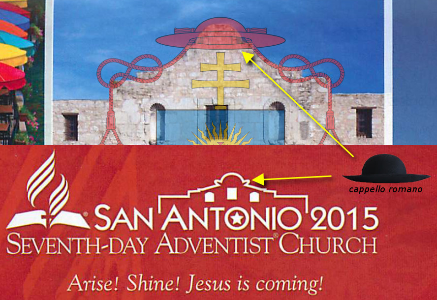 A composite image with various elements promoting the San Antonio 2015 Seventh-day Adventist Church event. The top section shows a stylized architectural drawing with a ringed planet, two keys crossing beneath a Christian cross, all above a sunburst. Below, a red banner features the church's logo with a book and a flame beside the text, "Arise! Shine! Jesus is coming!" Notable is a silhouette of a traditional broad-brimmed hat labeled "cappello romano."