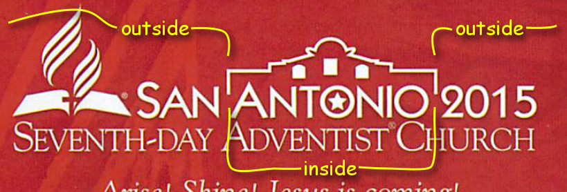 Close-up of a red banner that features the logo of the Seventh-Day Adventist Church with a white flame and open Bible, and the text "SAN ANTONIO 2015" in white. Below the logo, there is text, "Angel Shinzel, Jesus is coming!"
