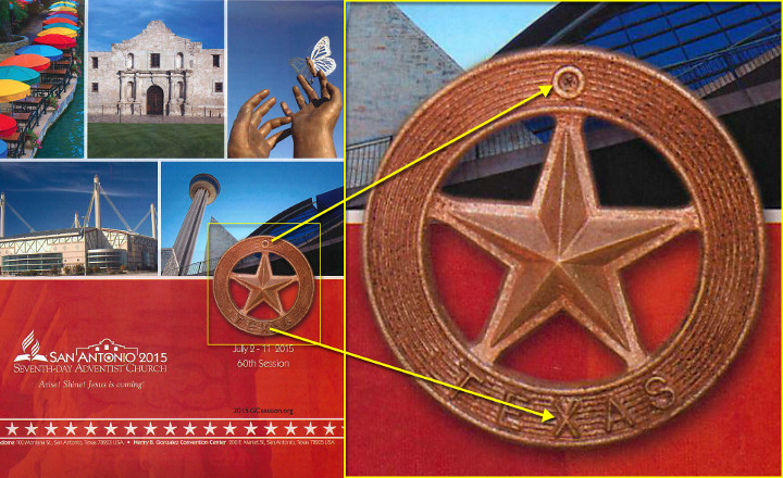 A collage showing various images including colorful umbrellas, an old stone church, hands holding a white dove, architectural structures, and a close-up of a metallic star emblem with the word "Texas" embossed below it. A textual banner about an event in San Antonio overlays some images.