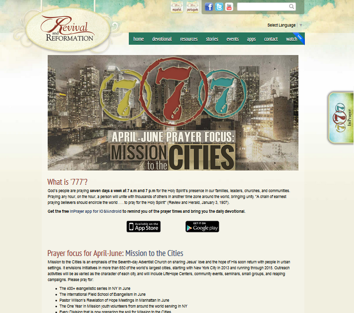 A promotional banner for a religious website featuring a graphic with triple sevens in distressed fonts of red, blue, and green above a cityscape. Text reads "April-June Prayer Focus: Mission Cities to the Cities." Below, additional information about prayer times, associated missions, and application icons for mobile platforms are visible.
