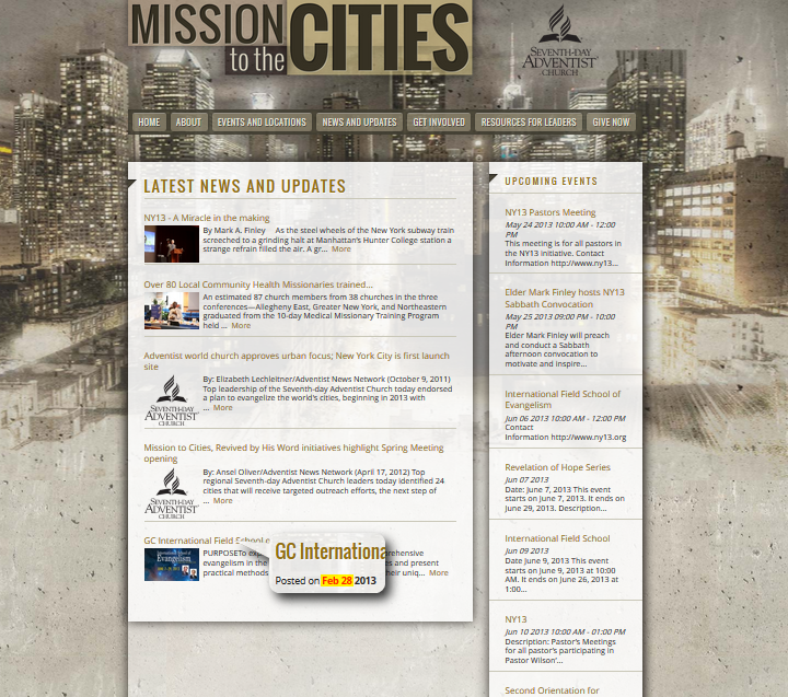 Screenshot of a website titled "Mission to the Cities" with various sections displaying news updates, upcoming events, and a sidebar pertaining to the Seventh-day Adventist Church. The background image shows a blurred cityscape. The main content includes articles about community health missions, urban focus initiatives, and international field school information.