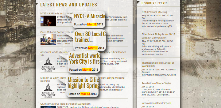 Webpage displaying a collage of news articles and events relevant to the Seventh-day Adventist community. Key topics include training programs, church endorsements, and revival missions, all presented with images of urban landscapes and discernible dates marking events in March and June 2013.