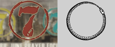 Two circular symbols are displayed side by side. On the left, a circular red and gold emblem features a stylized bull's head. On the right, a black and white circular design encloses symbols resembling ancient script.