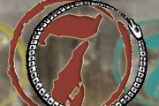 Illustration of a circular emblem featuring a stylized animal, possibly representing a bull, enclosed in a ring decorated with small white symbols on a background suggestive of an old map.