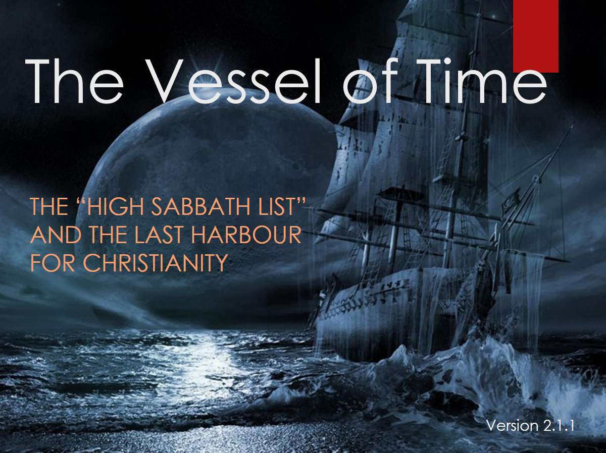A dramatic digital illustration featuring a large sailing ship navigating through tumultuous ocean waters under a night sky, illuminated by a large, detailed moon partially obscured by clouds. Text overlay states "The Vessel of Time," along with mentions of "the 'High Sabbath List'" and "the last harbour for Christianity." A prominent numerical version 2.1.1 is also displayed in the corner.