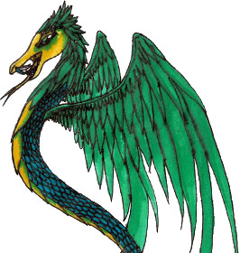 Illustration of a mythical creature resembling a dragon with a horse-like head and large, feathered green wings, rendered in bold watercolor strokes.