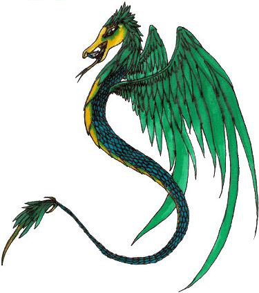 Illustration of a mythical serpentine creature with large green wings, a scaly blue body, and a dragon-like head featuring sharp teeth and yellow eyes. The creature's tail ends in a leaf-like appendage.