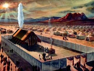 An artistic depiction of an ancient desert encampment with numerous tents arranged in orderly rows around a central tent of significant importance, topped by a radiant pillar of light against a backdrop of mountains and a clear sky.