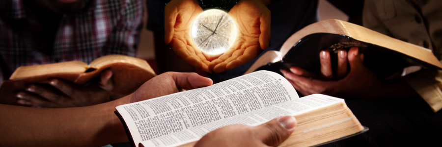 A group of people engaging in a study session with open books, one of which appears to be a Bible. In the center, a figure holds a glowing depiction of a celestial sphere, possibly symbolizing cosmic understanding or reference to the Mazzaroth.