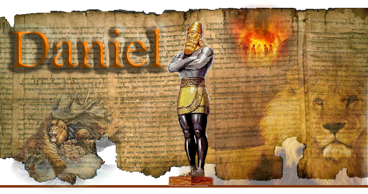 A vivid illustration with a backdrop of ancient script featuring the word "Daniel". On the left, an artistic depiction of a statue divided into sections of different materials atop a base, symbolizing historical kingdoms. Adjacent is an image blending a lion’s face and a fiery celestial sphere, possibly representing power and divine phenomena. On the left, a composite creature from visions portraying multiple beasts, suggesting significant historical or prophetic symbolism.