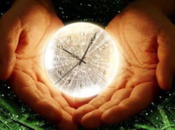 Two open hands cradling a glowing circular clock, set against a sparkling starfield.