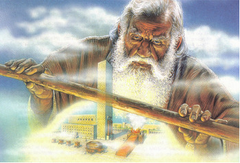 An illustration of an elderly man with a long white beard, looking intently at a transparent celestial sphere containing an ancient cityscape and Mazzaroth symbols. He holds the sphere delicately between his hands, symbolizing a connection between ancient times and celestial phenomena.