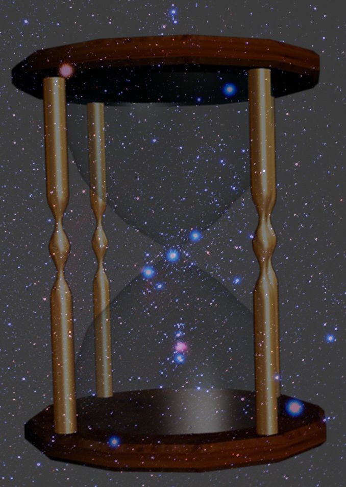 The perfect hourglass Digital art depicting an hourglass composed of wooden frames with a vibrant celestial background filled with stars and distant cosmic entities. The central region of the hourglass is transparent, showcasing a connection with the expanse of outer space, highlighting celestial bodies and shimmering starlight.