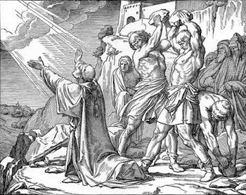 An engraved illustration depicting a biblical scene with a group of people gathered outdoors, pointing and looking towards the sky. One figure, notably in a robe, gestures dramatically towards a celestial phenomenon.