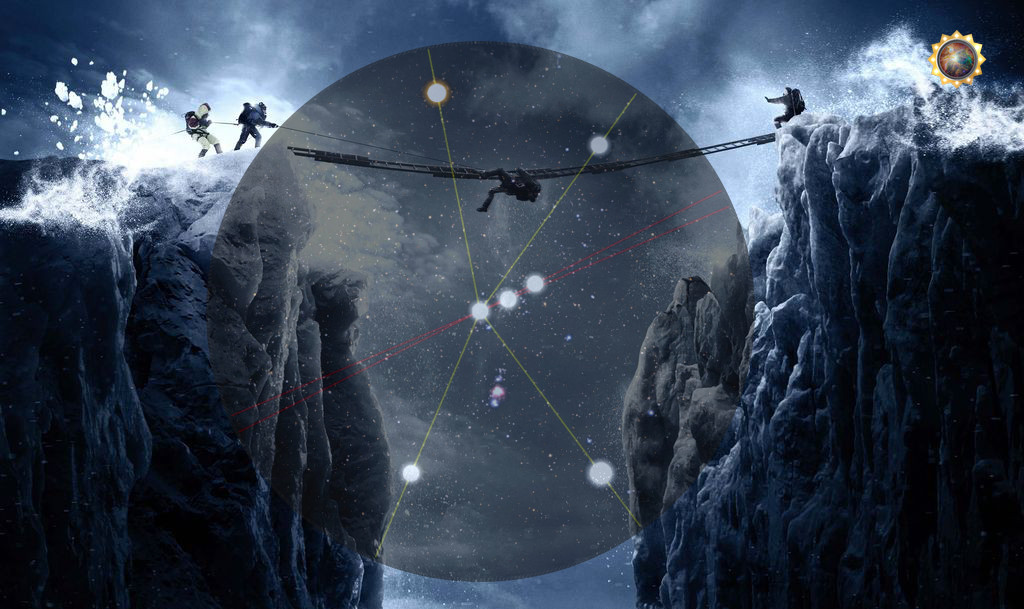 The difficult road to the Summit of Time A fantastical image depicting a group of adventurers climbing a snowy mountain. One climber jumps across a snowy divide helped by a partner while another extends a hand from a stable spot. Behind them, the dark sky is overlaid with a transparent celestial sphere circumscribed with interconnected luminous stars and lines, forming a chart-like pattern reminiscent of the Mazzaroth. On the right, a bright sphere resembling the sun glows intensely.