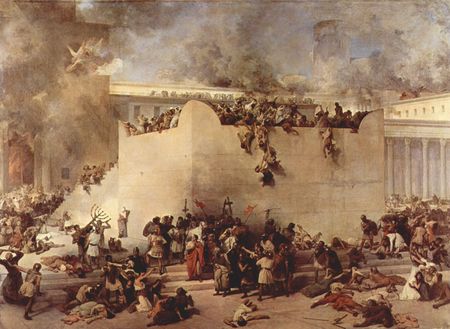 A dramatic oil painting depicts a chaotic scene with various groups of people in distress, some climbing over a wall, while others gather in panic or lie on the ground. A classical structure and smoke are visible in the background, evoking a sensation of despair and urgency amidst a historical or mythical event, potentially referencing the destruction of a significant city or temple.
