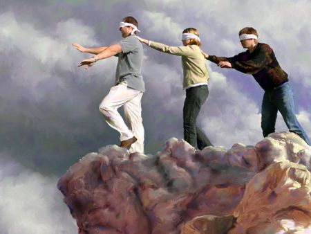 Three blindfolded individuals tentatively stepping along the rugged crest of a rock formation, surrounded by dense, ethereal clouds, suggesting a journey of faith or discovery, reminiscent of celestial voyagers traversing the hidden paths of the Mazzaroth.