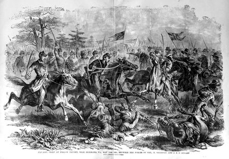 Black and white illustration depicting a chaotic battle scene from the 19th century. Soldiers on horseback and on foot, clad in uniforms, are engaged in close combat amidst fallen comrades and horses. Flags are waving in the background, emphasizing the intensity and scale of the battle.