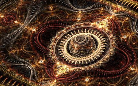 Intricate digital art featuring a complex, golden fractal pattern resembling celestial mechanics and orbits, capturing the beauty similar to that found in the Mazzaroth.