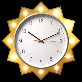 A wall clock with a white face and black numbers encased in a golden 12-point star-shaped frame with small glowing lights at each point.