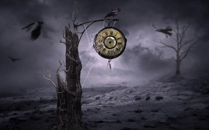 An eerie monochrome landscape depicting a dead tree with an antique golden clock hanging from one of its branches. The clock face features symbols representing the Mazzaroth. Birds fly nearby in a foggy, desolate environment with barren trees in the background.