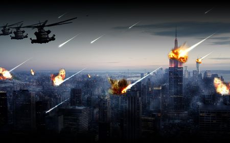 A dramatic digital artwork depicting a cityscape at dusk under siege. The sky is streaked with the trails of meteors, and several burning projectiles impact the city, causing explosions. Helicopters fly above, surveying the chaos below.