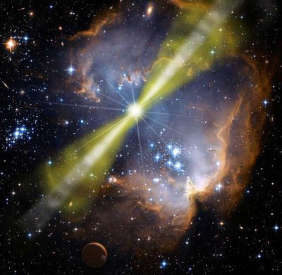 A vivid celestial scene depicting a brilliant star emitting intense beams of light through a cloud-filled nebula, surrounded by a multitude of smaller stars and a visible dark planet in the foreground.