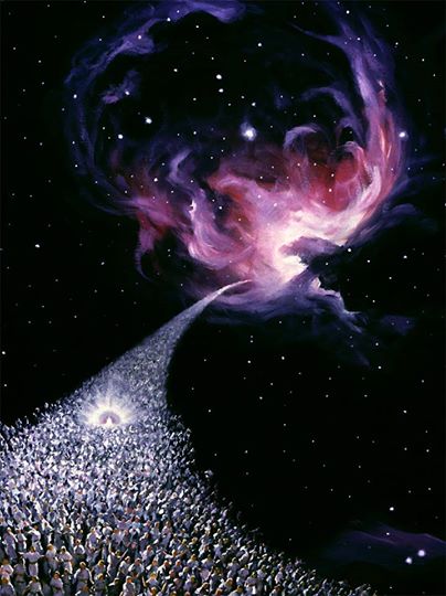 An artistic representation of a celestial event featuring a vibrant nebula emitting radiant pink and red hues against a backdrop of numerous stars, alongside a depiction of a multitude observing the cosmic spectacle.