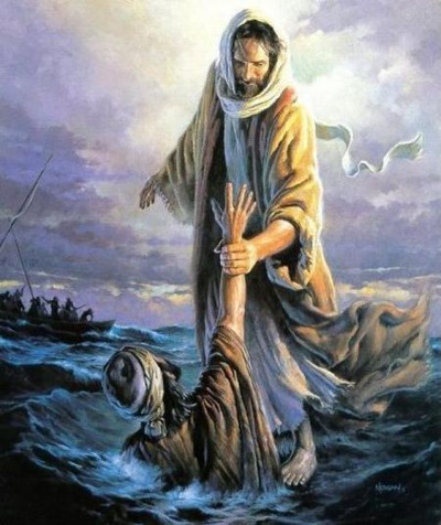 A painting depicting a biblical scene where a man with long hair and a beard, dressed in ancient robes, reaches out to another man who is sinking in a wavy sea. The background shows a dimly lit sky and a distant boat with several occupants.