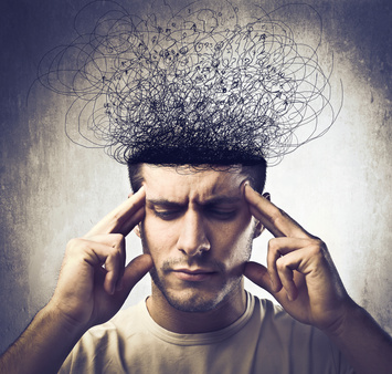 A man with a concentrated expression touches his temples, above his head a complex swirl of lines and symbols reminiscent of celestial maps and the Mazzaroth.