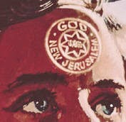 A close-up illustration of a person's eyes, with a vibrant red symbol containing a star and text that reads "God" and "New Jerusalem" on their forehead.