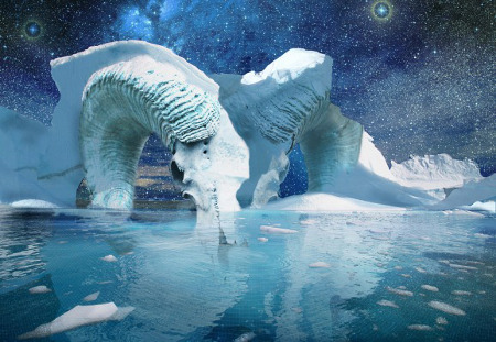 A surreal image depicting an elephant with cosmic patterns on its skin drinking water amidst icy landscape under a starry sky.