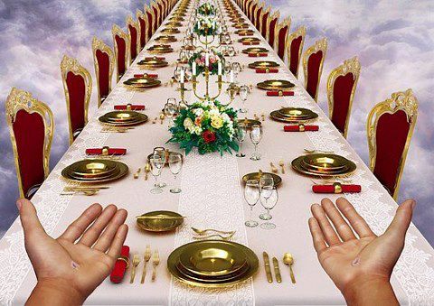 An elaborately set banquet table extending into a celestial sky, with golden plates and utensils, elegant red and gold chairs, and a central floral arrangement. A pair of hands are open in the foreground, symbolizing invitation or readiness.