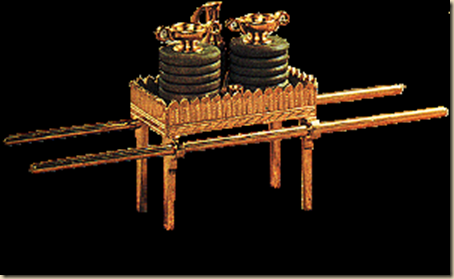 An ancient astronomical instrument consisting of two large, cylindrical vessels mounted on a wooden frame with extended beams, possibly used for celestial observations related to the Mazzaroth.