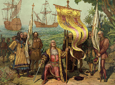 A historical illustration depicting a group of European explorers on a tropical shore with two large ships anchored in the background. The central figure, possibly a leader, is seated wearing a suit of armor under an elaborate banner that features depictions of the Mazzaroth. He is surrounded by various attendants, some in explorer attire and others in more ornate, ceremonial dresses.
