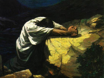 A painting depicting an individual engaged in a contemplative or inspirational activity, possibly charting or studying celestial patterns on a rock at nighttime. The individual, clad in a flowing white garment, stretches forward in the dim light, amidst a rugged landscape.