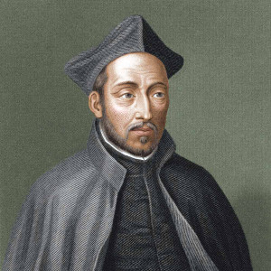 Portrait of a historical figure wearing traditional attire including a black cap and robe with a white collar. The figure features focused, contemplative eyes and a distinct facial structure with a prominent forehead and tightly pursed lips, set against a muted green background.