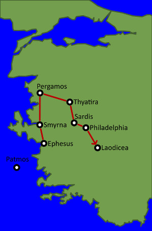 Map showcasing the locations of seven ancient cities on a stylized representation of a region. These cities are Pergamos, Thyatira, Smyrna, Sardis, Philadelphia, Laodicea, and Ephesus, connected by red lines suggesting a route, and the island of Patmos is also marked.