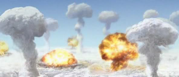 A digital artwork depicting several fiery explosions at sea, generating large plumes of smoke against a cloudy sky.