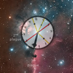 An intricate image featuring a large clock overlaying a celestial nebula. The clock's hands point at 3 and 12, and annotations such as "2nd plague" and "7th plague" appear near the numerals 2 and 7 respectively. The backdrop displays a vibrant cosmos filled with stars and nebulous clouds.