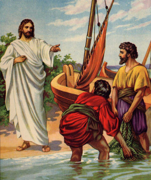 A traditional illustration depicting Jesus speaking to two fishermen repairing a boat at the shore. Jesus, in a white robe, gestures instructively while the fishermen, one in a purple shirt and the other in red, listen intently in a serene lakeside setting.