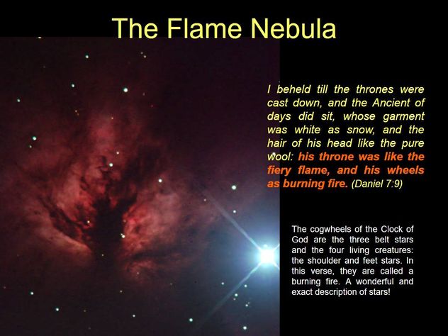 An image of the Flame Nebula, a region of space glowing with dark and bright hues of red and black resembling flames amidst stars. The image also contains a text overlay with a biblical quote from Daniel 7:9 and a description related to celestial features in scientific and biblical context.