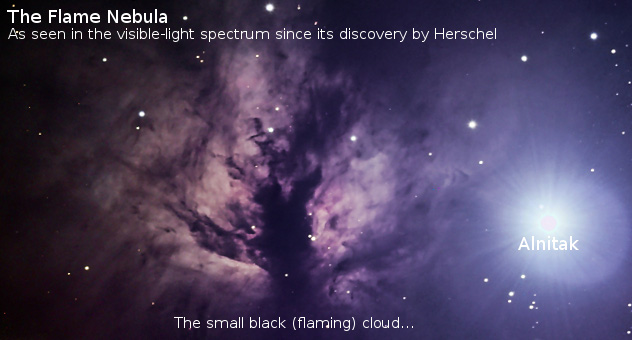 A deep space image featuring the Flame Nebula as observed in the visible-light spectrum. Discovered by Herschel, the nebula is depicted with hues of purple and mauve, emitting from a dense, central dark cloud named Alnitak. Small stars scatter throughout the nebula, enhancing its cosmic allure.