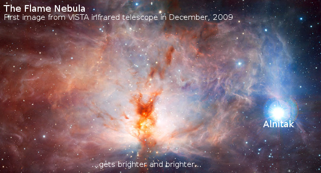 The Flame Nebula as captured by the VISTA infrared telescope in December 2009, displaying a radiant array of orange and blue hues with the bright star Alnitak emitting intense white light at the right side, against a cosmic backdrop containing delicate clouds of interstellar dust and gas.