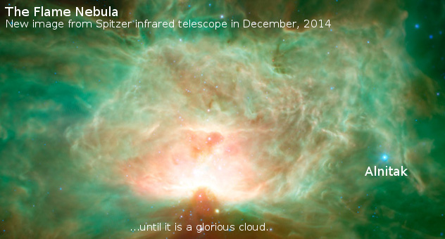 Image captured by the Spitzer infrared telescope in December 2014, showing the Flame Nebula, a stellar nursery of gas and dust illuminated in vivid blues and oranges. The bright star Alnitak is visible along the nebula's edge.