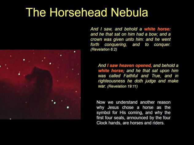 An image featuring a slide presentation about the Horsehead Nebula. The slide includes a large image of the dark, horse-shaped silhouette of the nebula against a red and starry sky. Alongside the image, there are several biblical quotes from Revelation, relating the appearance of a white horse to concepts of conquest and righteousness. Additional text briefly explains a symbolic interpretation relating horses to biblical prophecy.