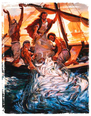 A vibrant painting depicting four fishermen in historical attire on a wooden boat, energetically harvesting a miraculous catch of fish under a dramatic sunset sky. The central figure, who stands raised, directs the haul with an authoritative gesture.
