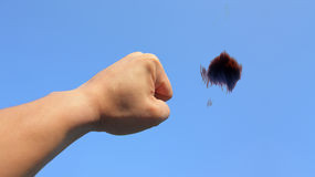 A person's clenched fist positioned against a clear blue sky, symbolically releasing a small, darkly colored wool tuft floating upwards.
