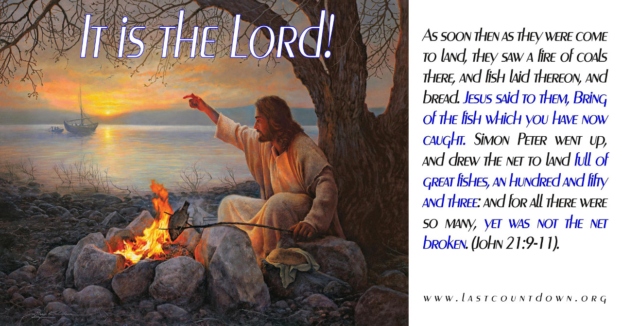 Artistic representation of a biblical scene depicting a man, traditionally interpreted as Jesus, sitting by a lakeside at dawn. He points towards a sailing boat on a calm lake under a vibrant morning sky. A campfire with fish cooking on it is nearby, and a text overlay includes a passage from John 21:9-11, narrating a miraculous catch of fish.