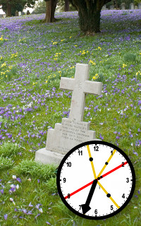 A tranquil scene of a white cross tombstone in a field of purple and yellow wildflowers with a vibrant overlay of a clock showing the time near 3 o'clock.